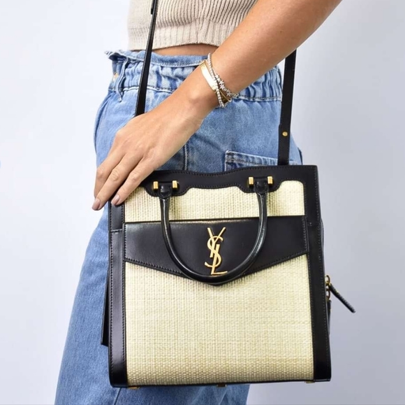 Very Rare! YSL Saint Laurent Uptown 2 in 1 Tote Canvas w/ Leather RAFFIA SATCHEL - Picture 4 of 16